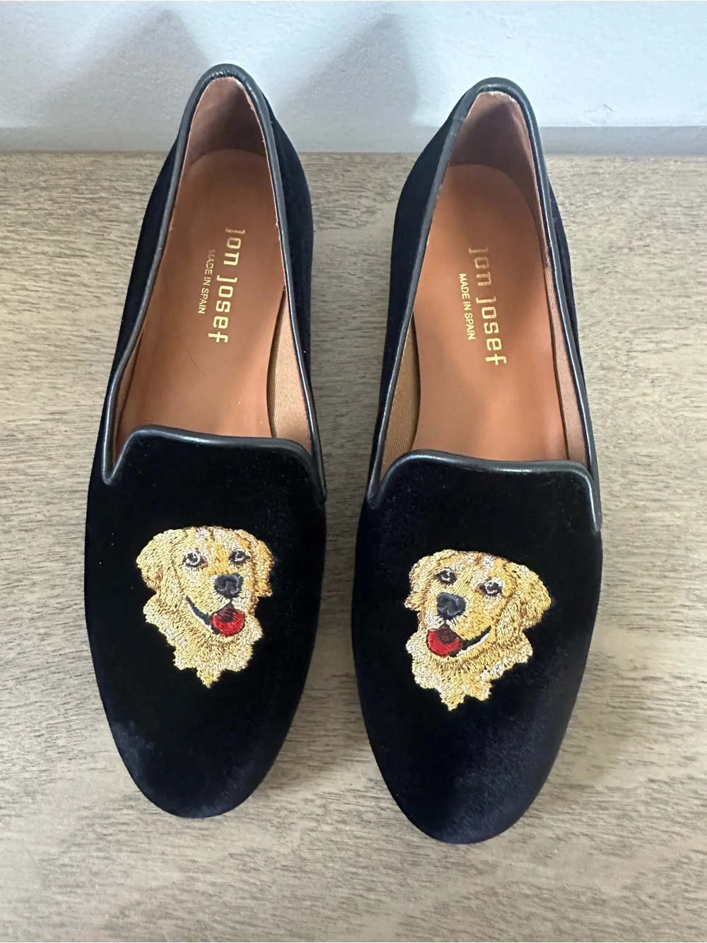 Jon Josef Black Velvet Dog Embroidered Slip-On Loafers Size 6